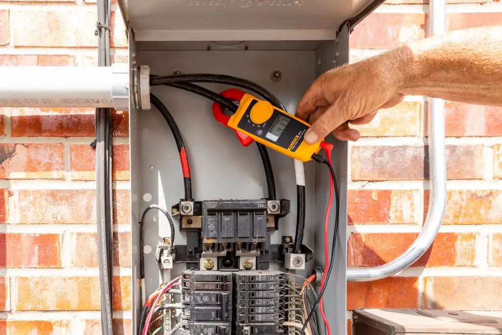 Technician taking a reading with a Fluke clamp meter on an exterior 200A service panel